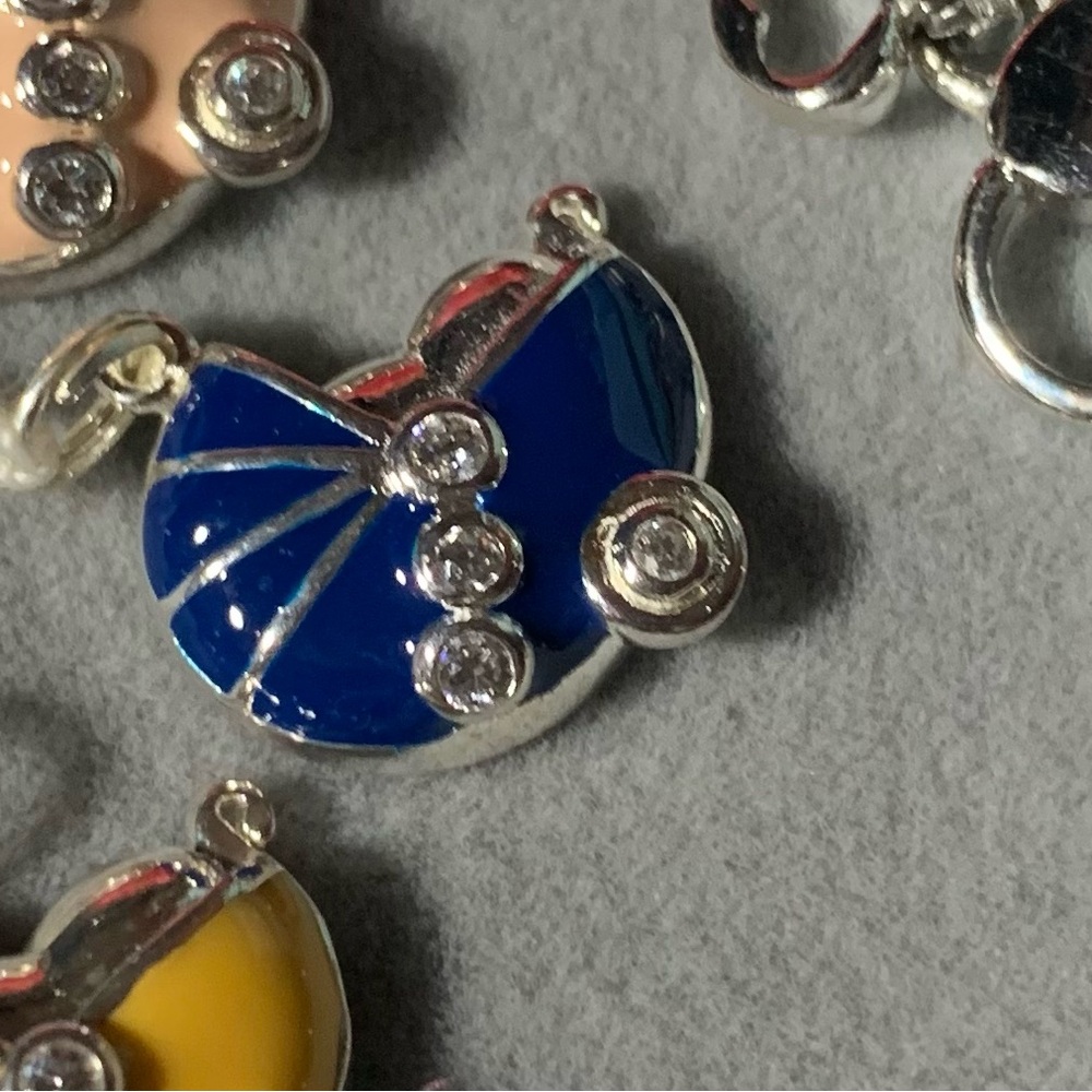 Blue Enamel and Silver Baby Carriage Pendant/Charm Crystal Accents, NWT